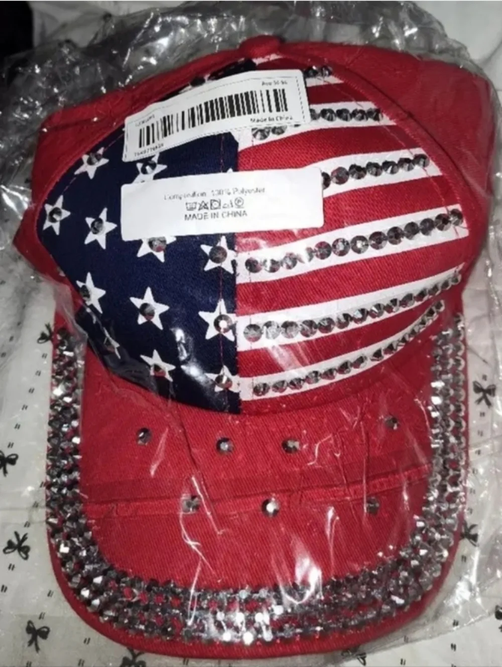 Embellished American Flag Baseball Cap - Red